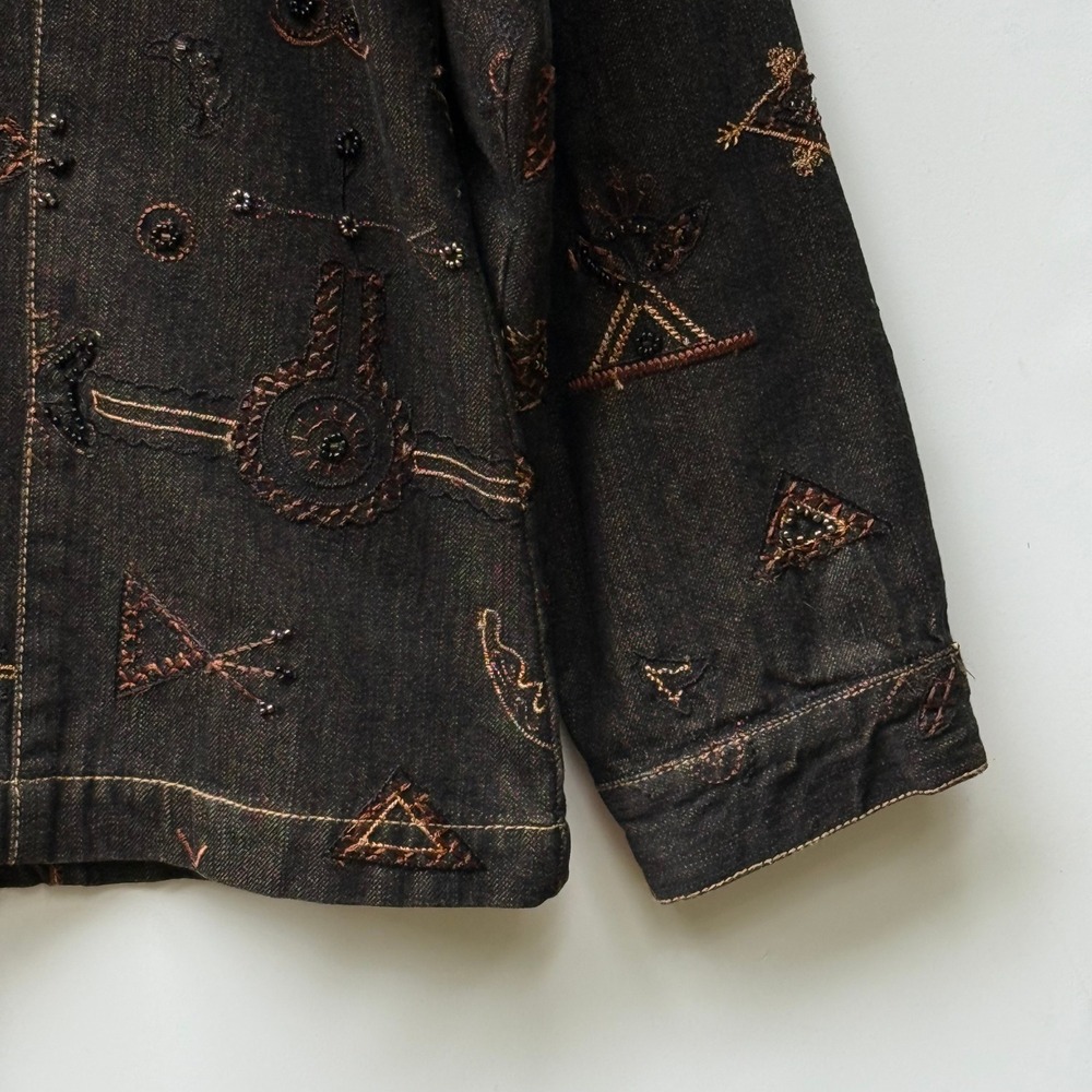 Chico's Jacket Womens 1 Medium Brown Native Southwest Embellished Denim Shacket - Picture 3 of 9